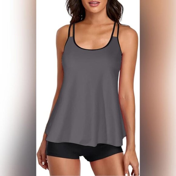 NWOT Urchics 2 Piece Flowy Tank Top with Boyshorts Swimsuit, Bluish Grey, XL - Picture 2 of 3